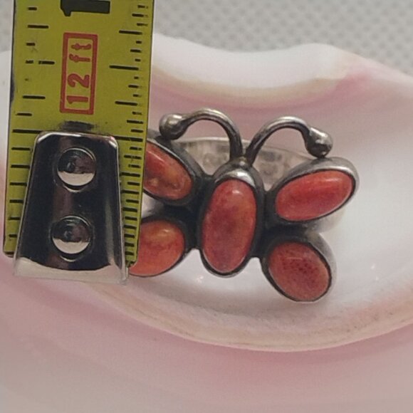 Southwest Style Sterling Silver Orange Spiny Oyster Shell Butterfly Ring Size 8 - Picture 3 of 7